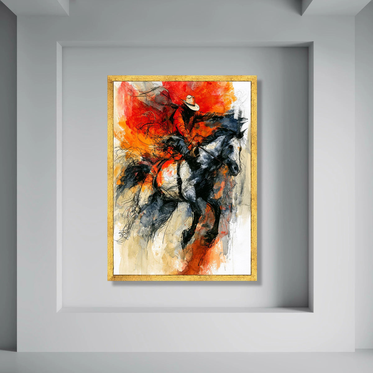Dynamic Rodeo Cowboy Canvas Wall Art, Western Horseback Rider Painting, Rustic Equestrian Decor, Bold Red and Black Canvas Print Print Art