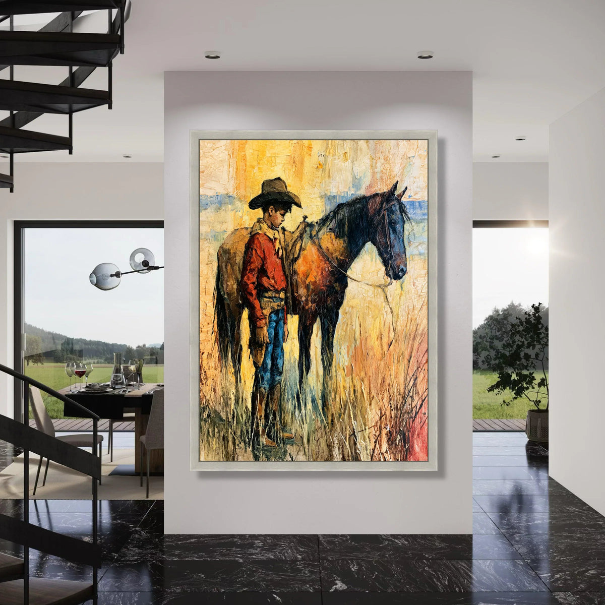Cowboy with Horse Canvas Wall Art, Western Scene Painting, Rustic Home Decor, Cowboy Character Canvas, Country Lifestyle Artwork Print Art