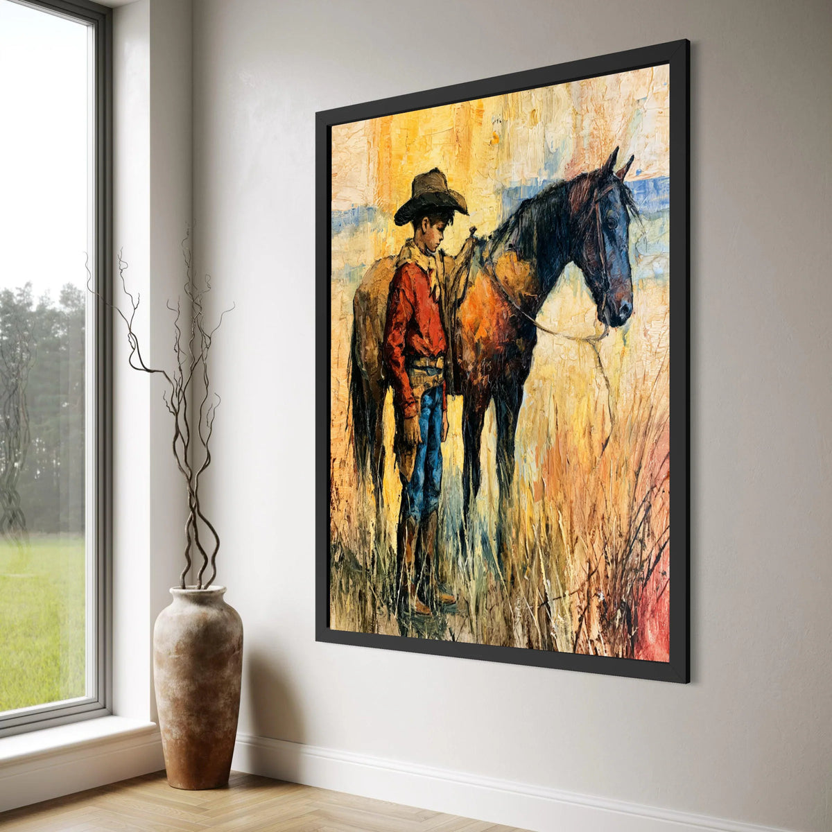 Cowboy with Horse Canvas Wall Art, Western Scene Painting, Rustic Home Decor, Cowboy Character Canvas, Country Lifestyle Artwork Print Art