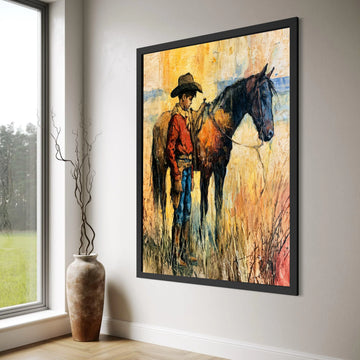 Cowboy with Horse Canvas Wall Art, Western Scene Painting, Rustic Home Decor, Cowboy Character Canvas, Country Lifestyle Artwork Print Art