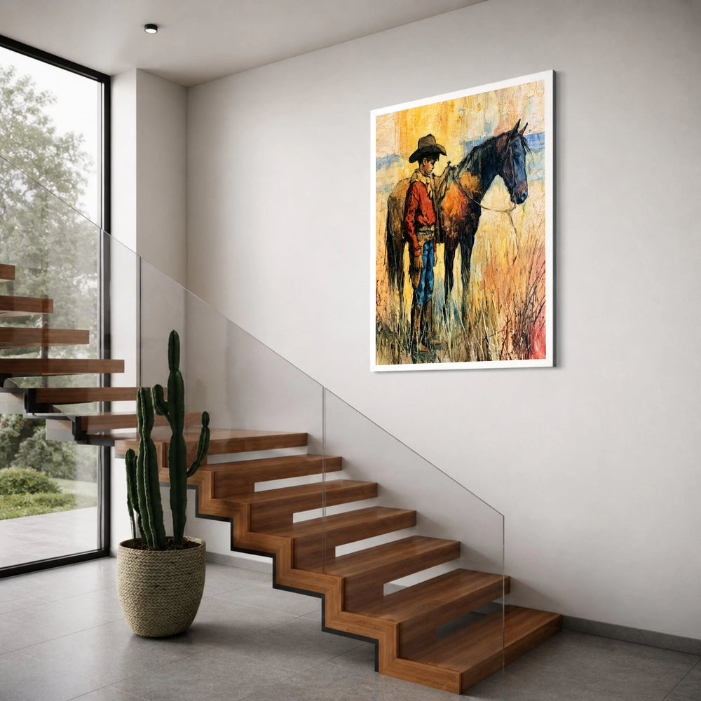 Cowboy with Horse Canvas Wall Art, Western Scene Painting, Rustic Home Decor, Cowboy Character Canvas, Country Lifestyle Artwork Print Art