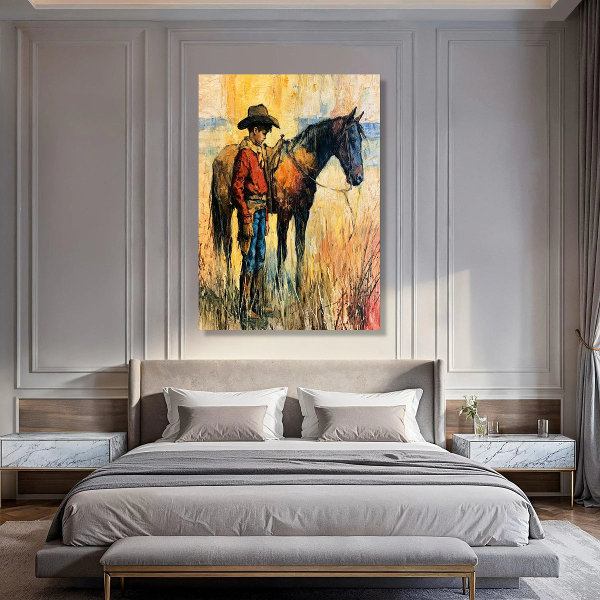 Cowboy with Horse Canvas Wall Art, Western Scene Painting, Rustic Home Decor, Cowboy Character Canvas, Country Lifestyle Artwork Print Art