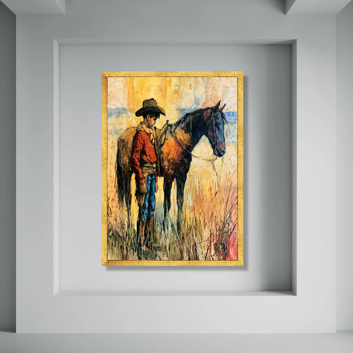 Cowboy with Horse Canvas Wall Art, Western Scene Painting, Rustic Home Decor, Cowboy Character Canvas, Country Lifestyle Artwork Print Art