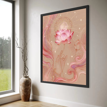 Elegant Lotus Bloom with Mystic Hand Canvas, Pink Spiritual Wall Art, Sacred Flower Illustration, Meditative Home Decor, Ready to Print Art