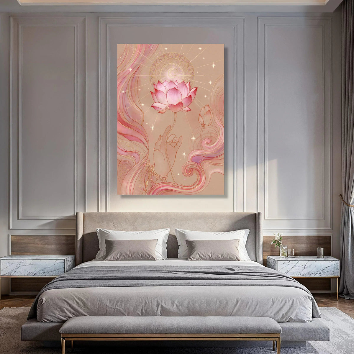 Elegant Lotus Bloom with Mystic Hand Canvas, Pink Spiritual Wall Art, Sacred Flower Illustration, Meditative Home Decor, Ready to Print Art
