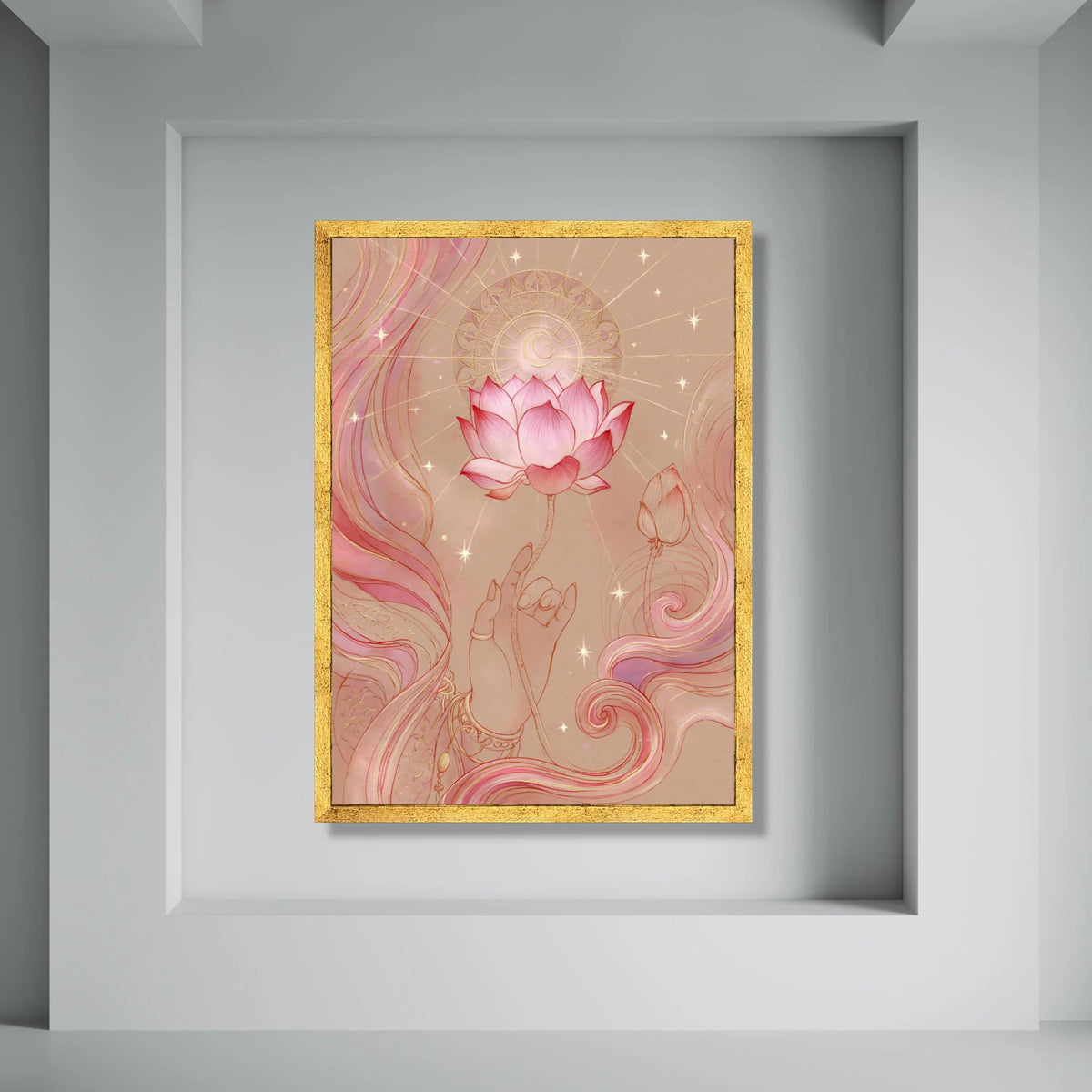 Elegant Lotus Bloom with Mystic Hand Canvas, Pink Spiritual Wall Art, Sacred Flower Illustration, Meditative Home Decor, Ready to Print Art