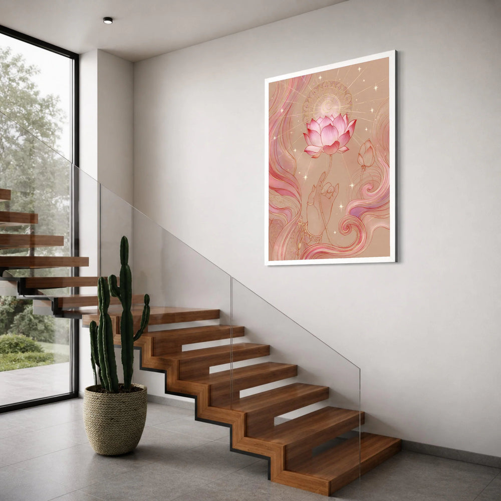 Elegant Lotus Bloom with Mystic Hand Canvas, Pink Spiritual Wall Art, Sacred Flower Illustration, Meditative Home Decor, Ready to Print Art