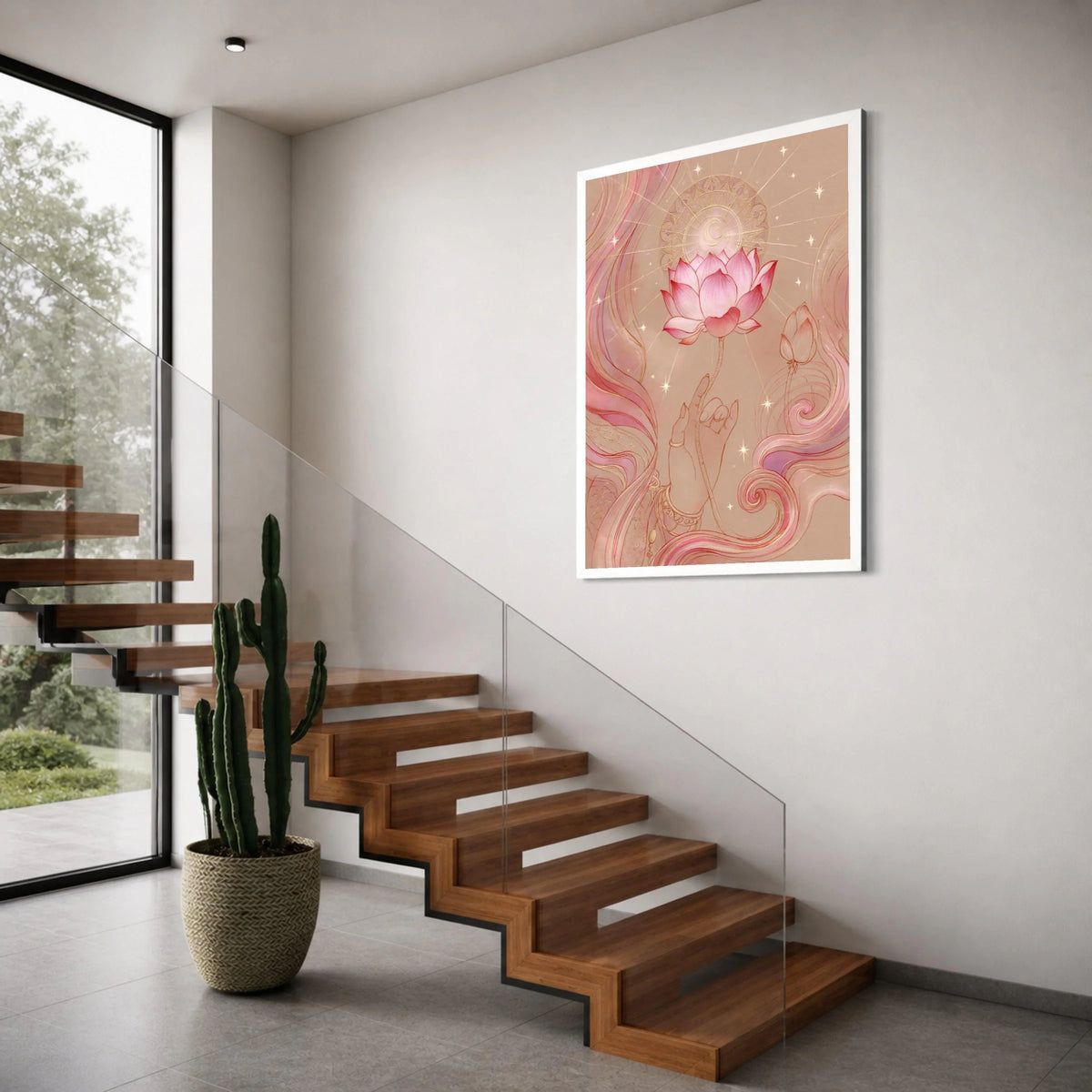 Elegant Lotus Bloom with Mystic Hand Canvas, Pink Spiritual Wall Art, Sacred Flower Illustration, Meditative Home Decor, Ready to Print Art