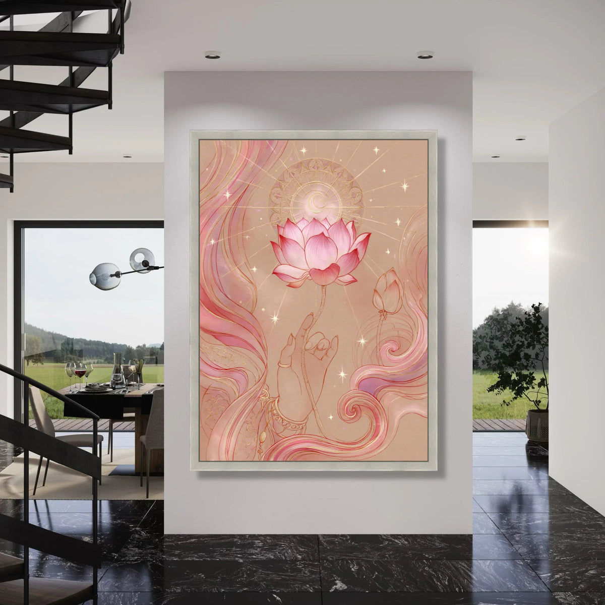 Elegant Lotus Bloom with Mystic Hand Canvas, Pink Spiritual Wall Art, Sacred Flower Illustration, Meditative Home Decor, Ready to Print Art
