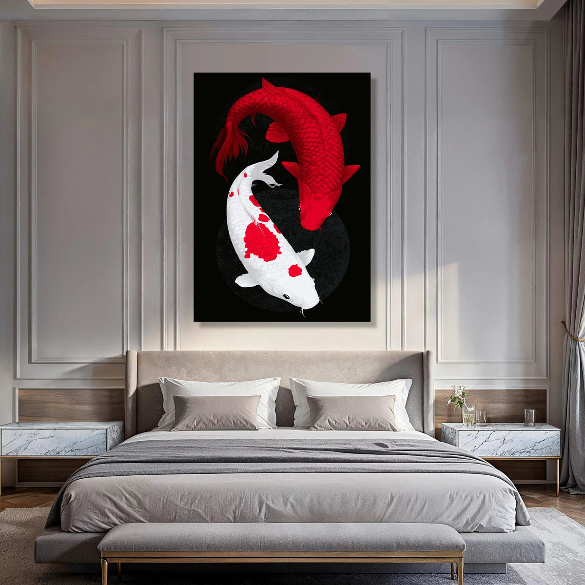 Red and White Koi Fish Canvas, Yin Yang Fish Wall Art, Asian Zen Decor, Japanese Koi Pond Canvas, Modern Home Decoration Print Art