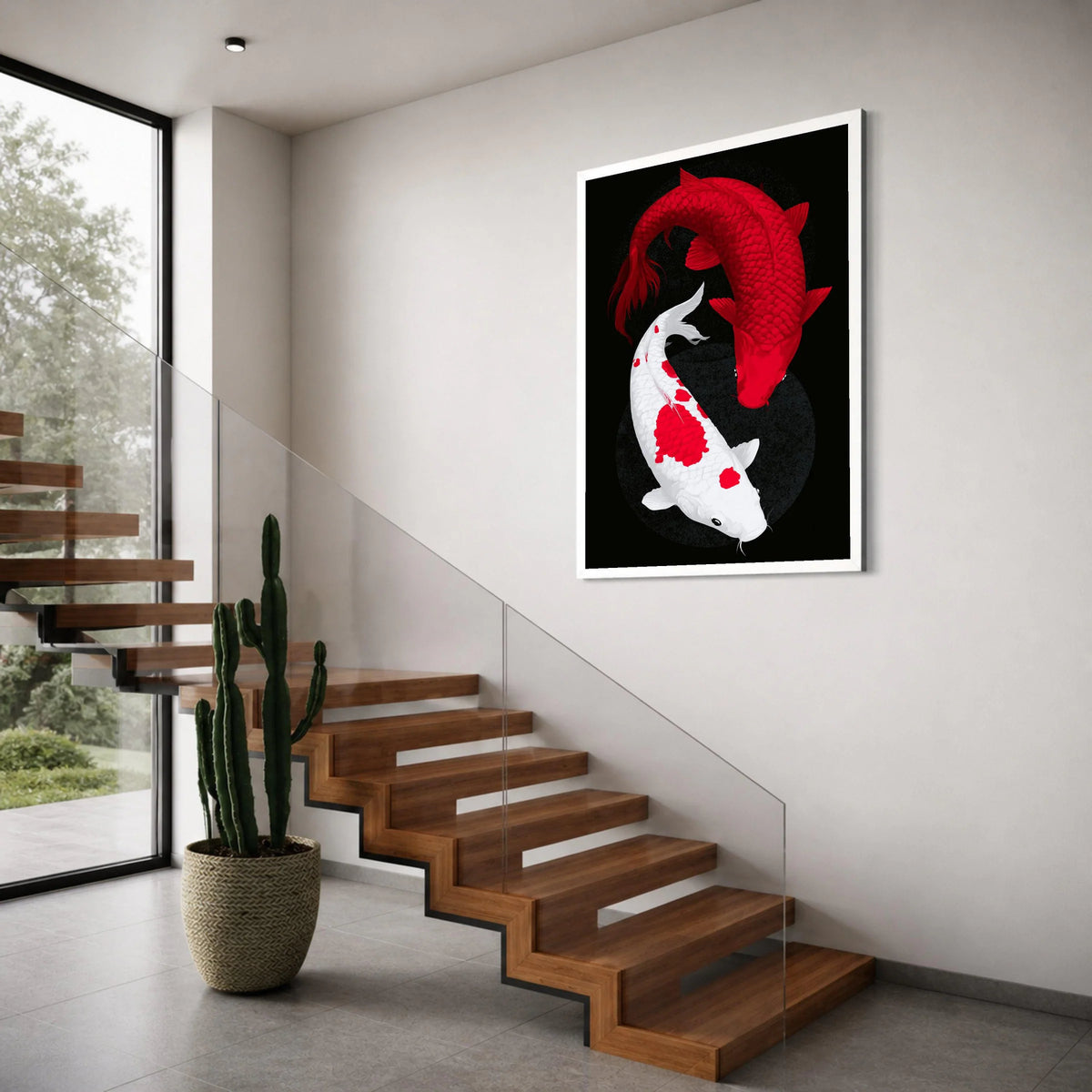 Red and White Koi Fish Canvas, Yin Yang Fish Wall Art, Asian Zen Decor, Japanese Koi Pond Canvas, Modern Home Decoration Print Art