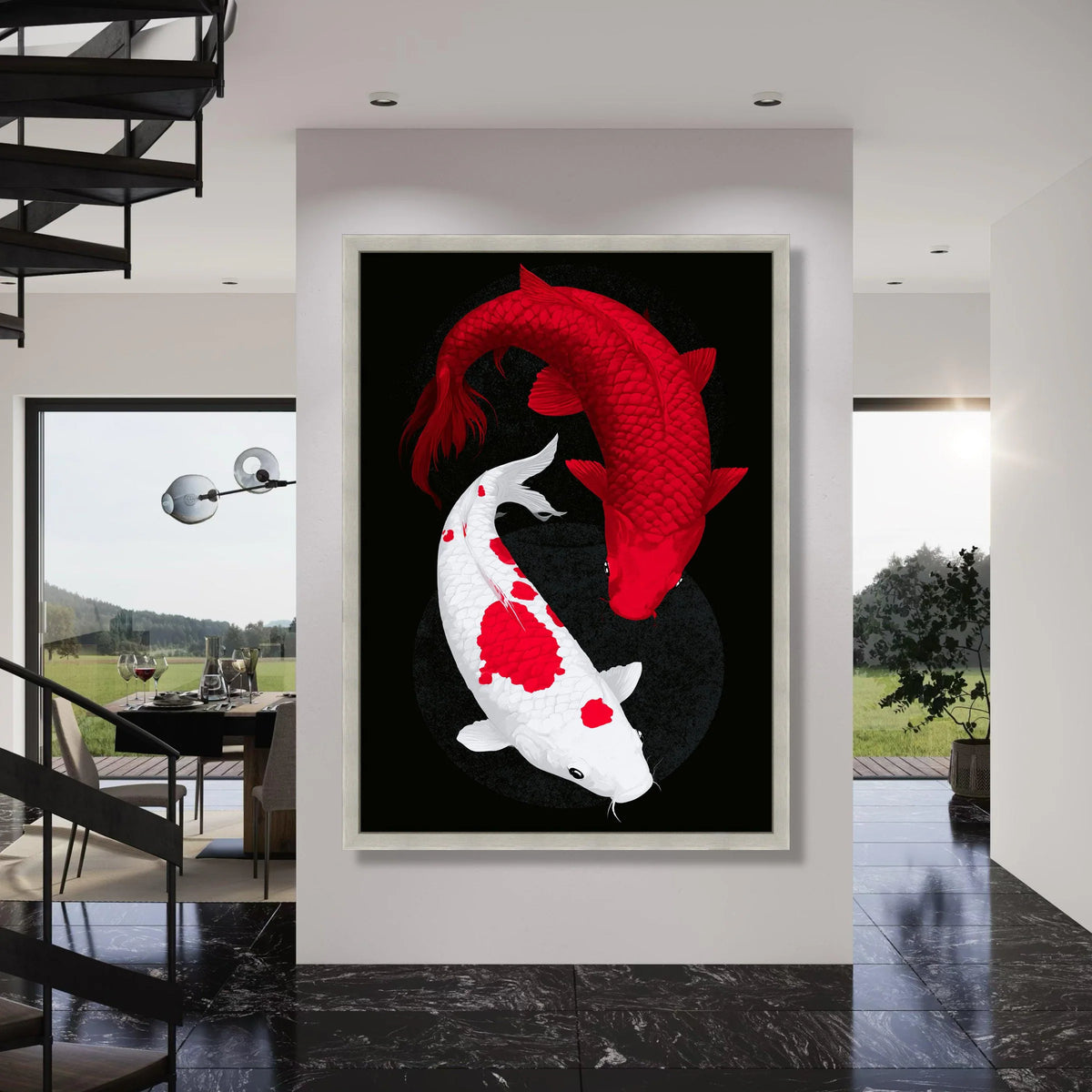 Red and White Koi Fish Canvas, Yin Yang Fish Wall Art, Asian Zen Decor, Japanese Koi Pond Canvas, Modern Home Decoration Print Art