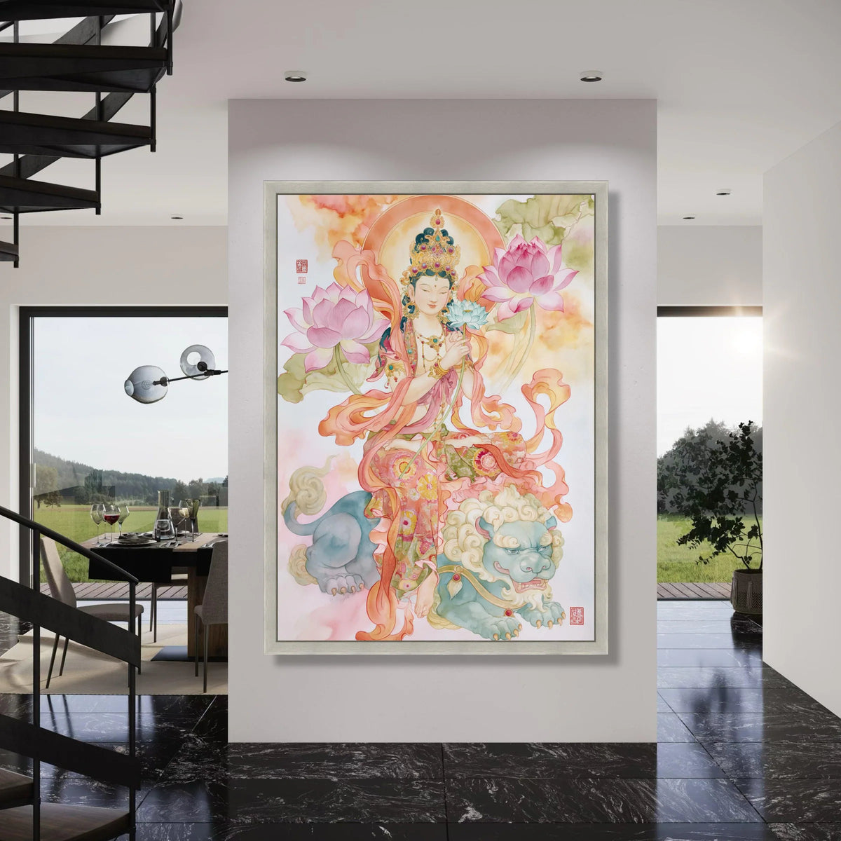 Elegant Buddhist Goddess Canvas Wall Art, Lotus Flower Painting, Spiritual Home Decor, Asian Art Print, Meditative Wall Hanging Print Art