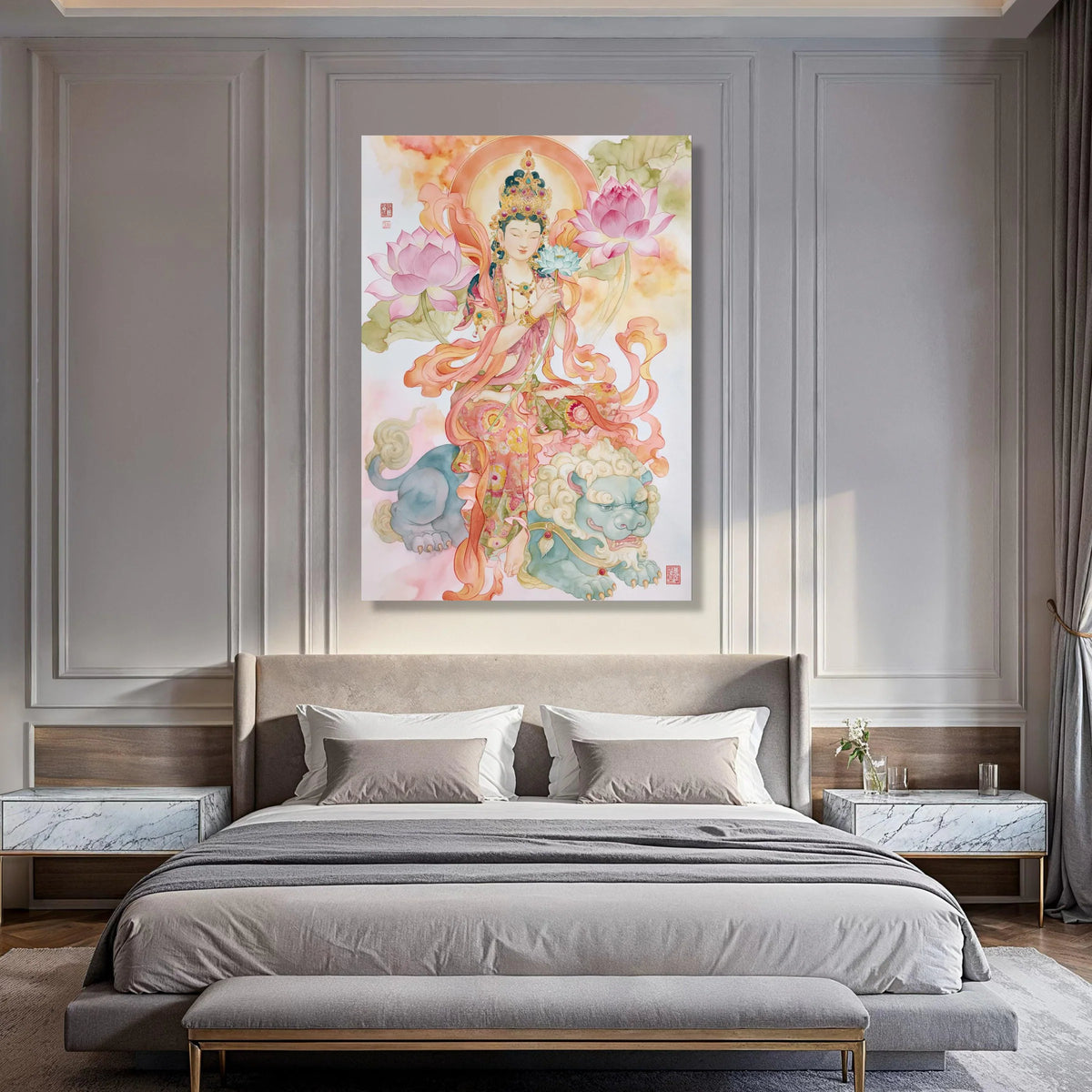 Elegant Buddhist Goddess Canvas Wall Art, Lotus Flower Painting, Spiritual Home Decor, Asian Art Print, Meditative Wall Hanging Print Art