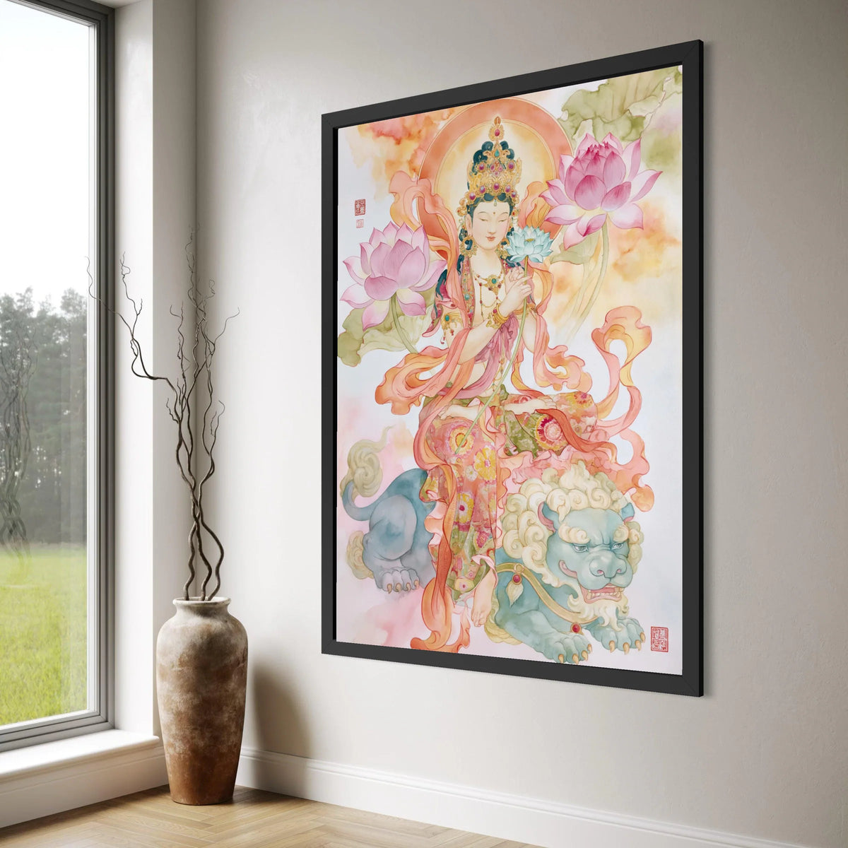 Elegant Buddhist Goddess Canvas Wall Art, Lotus Flower Painting, Spiritual Home Decor, Asian Art Print, Meditative Wall Hanging Print Art