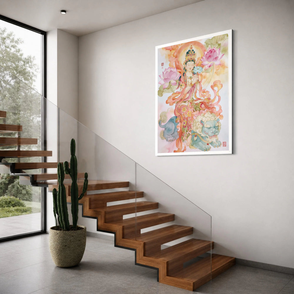 Elegant Buddhist Goddess Canvas Wall Art, Lotus Flower Painting, Spiritual Home Decor, Asian Art Print, Meditative Wall Hanging Print Art