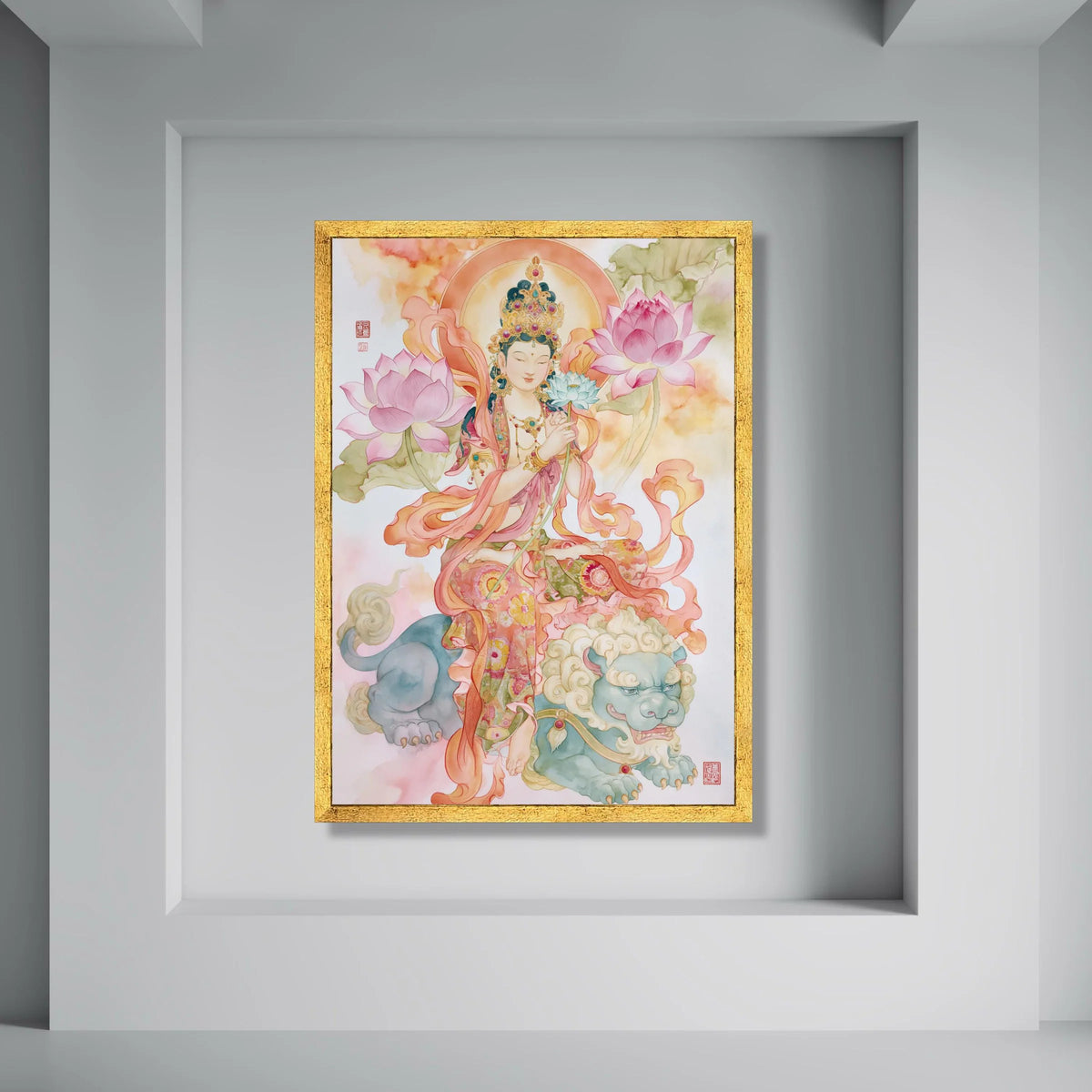 Elegant Buddhist Goddess Canvas Wall Art, Lotus Flower Painting, Spiritual Home Decor, Asian Art Print, Meditative Wall Hanging Print Art