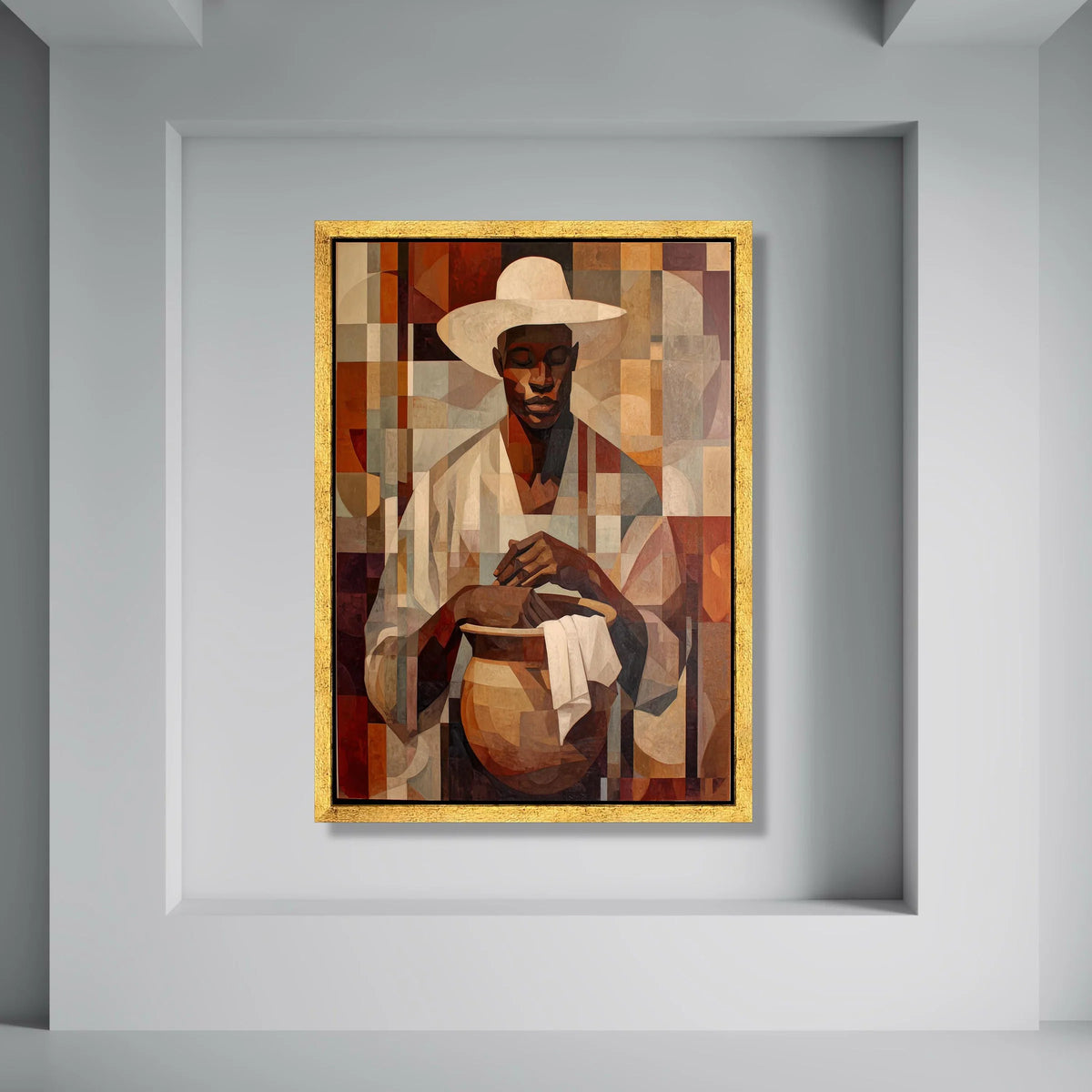 African Artisan Pottery Maker Canvas, Geometric Portrait Wall Art, Earth Tone Home Decor, Cultural Craftsmanship Canvas, Print Art