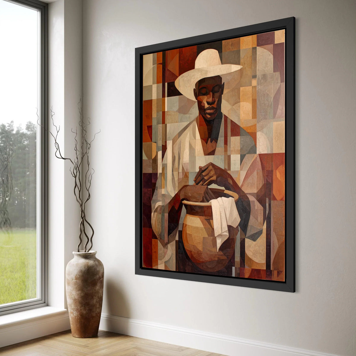 African Artisan Pottery Maker Canvas, Geometric Portrait Wall Art, Earth Tone Home Decor, Cultural Craftsmanship Canvas, Print Art
