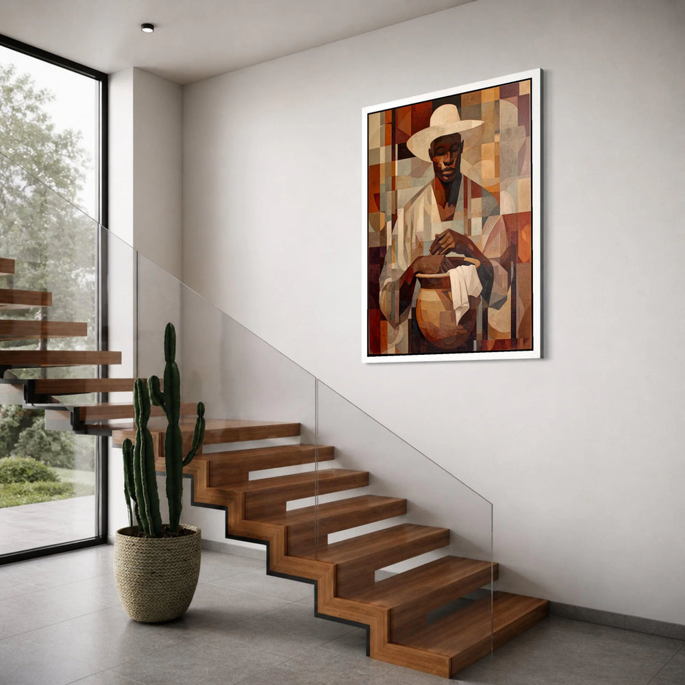 African Artisan Pottery Maker Canvas, Geometric Portrait Wall Art, Earth Tone Home Decor, Cultural Craftsmanship Canvas, Print Art
