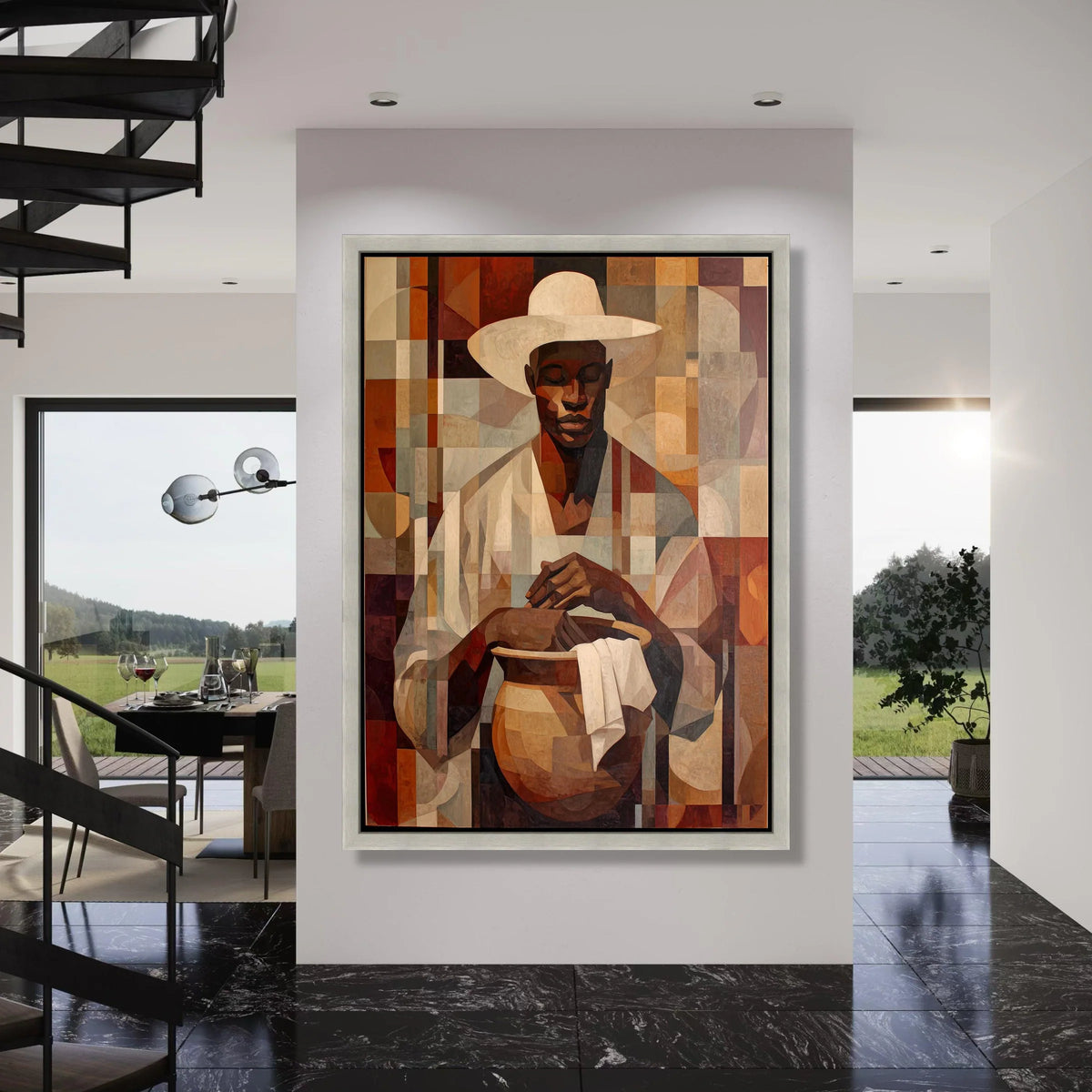 African Artisan Pottery Maker Canvas, Geometric Portrait Wall Art, Earth Tone Home Decor, Cultural Craftsmanship Canvas, Print Art