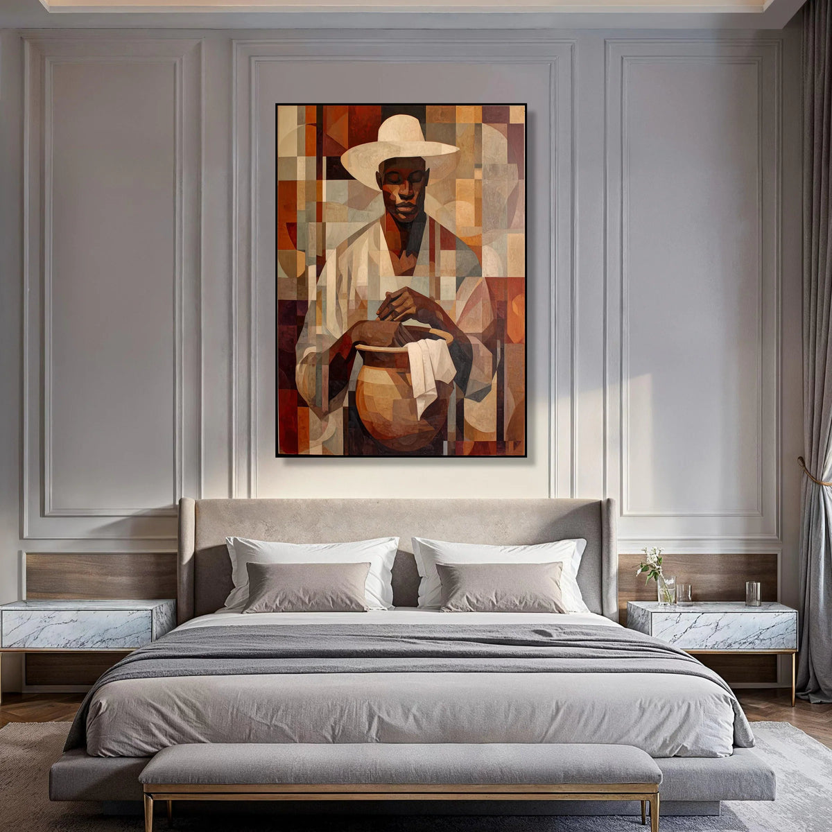 African Artisan Pottery Maker Canvas, Geometric Portrait Wall Art, Earth Tone Home Decor, Cultural Craftsmanship Canvas, Print Art