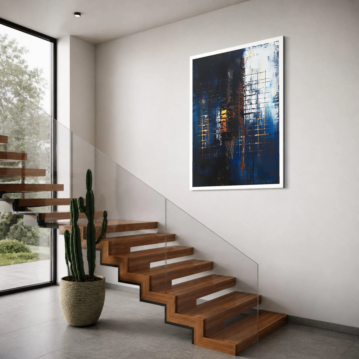 Abstract Blue and Gold Grid Canvas, Modern Geometric Wall Art, Contemporary Large Canvas, Urban Style Home Decor, Ready to Hang Print Art