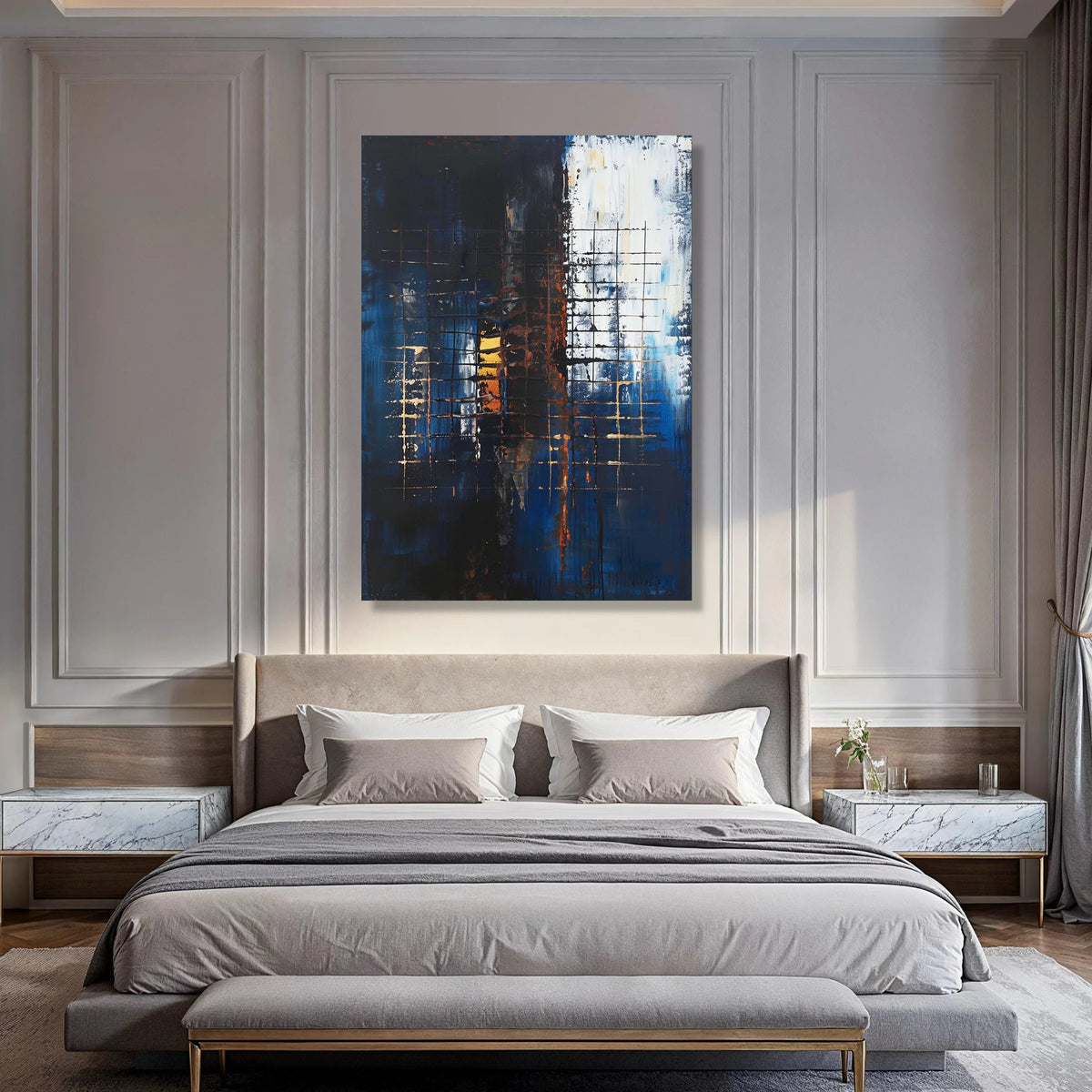Abstract Blue and Gold Grid Canvas, Modern Geometric Wall Art, Contemporary Large Canvas, Urban Style Home Decor, Ready to Hang Print Art