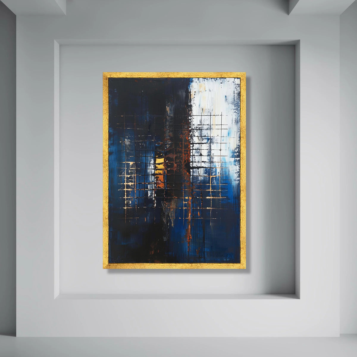 Abstract Blue and Gold Grid Canvas, Modern Geometric Wall Art, Contemporary Large Canvas, Urban Style Home Decor, Ready to Hang Print Art