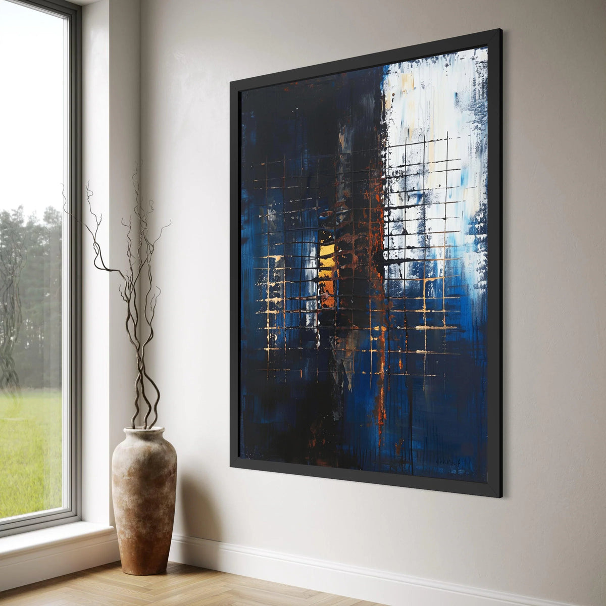 Abstract Blue and Gold Grid Canvas, Modern Geometric Wall Art, Contemporary Large Canvas, Urban Style Home Decor, Ready to Hang Print Art
