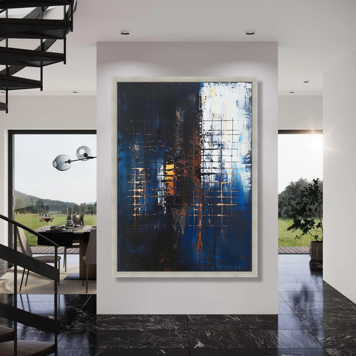 Abstract Blue and Gold Grid Canvas, Modern Geometric Wall Art, Contemporary Large Canvas, Urban Style Home Decor, Ready to Hang Print Art