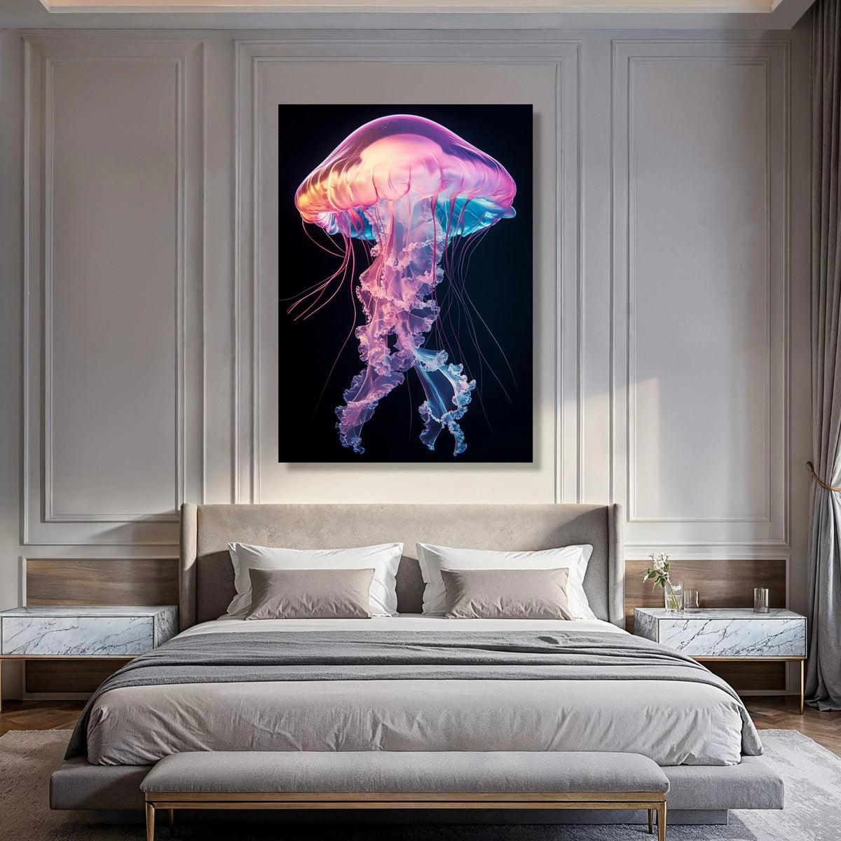 Vibrant Jellyfish Canvas Wall Art, Neon Ocean Marine Life, Underwater Sea Creature, Colorful Aquatic Canvas, Modern Home Print Art