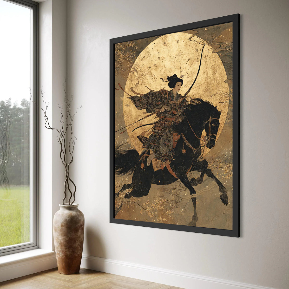 Japanese Warrior Woman on Horseback Canvas, Samurai Archer Wall Art, Traditional Asian Horseback Archery, Vintage Style Home Decor Print Art