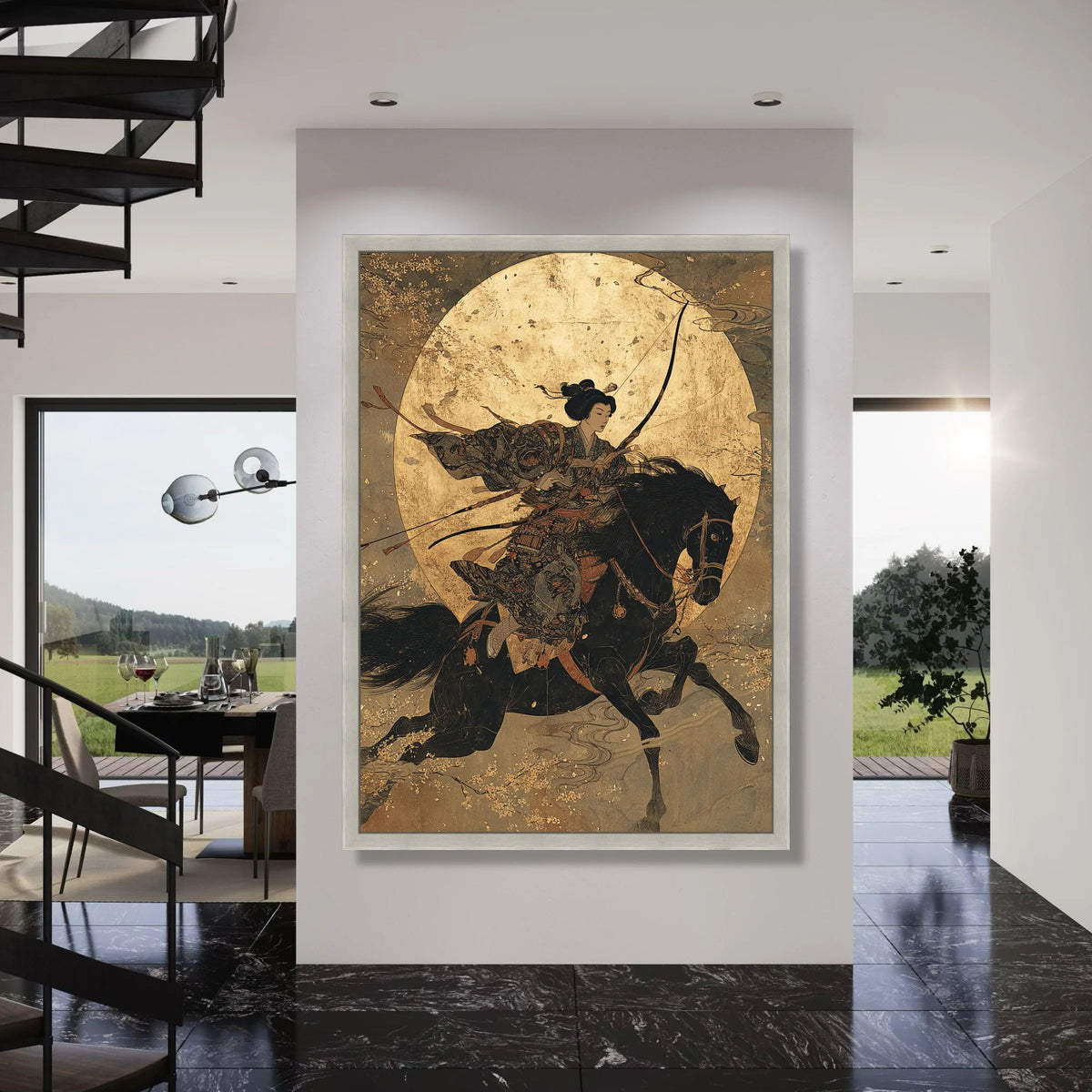 Japanese Warrior Woman on Horseback Canvas, Samurai Archer Wall Art, Traditional Asian Horseback Archery, Vintage Style Home Decor Print Art