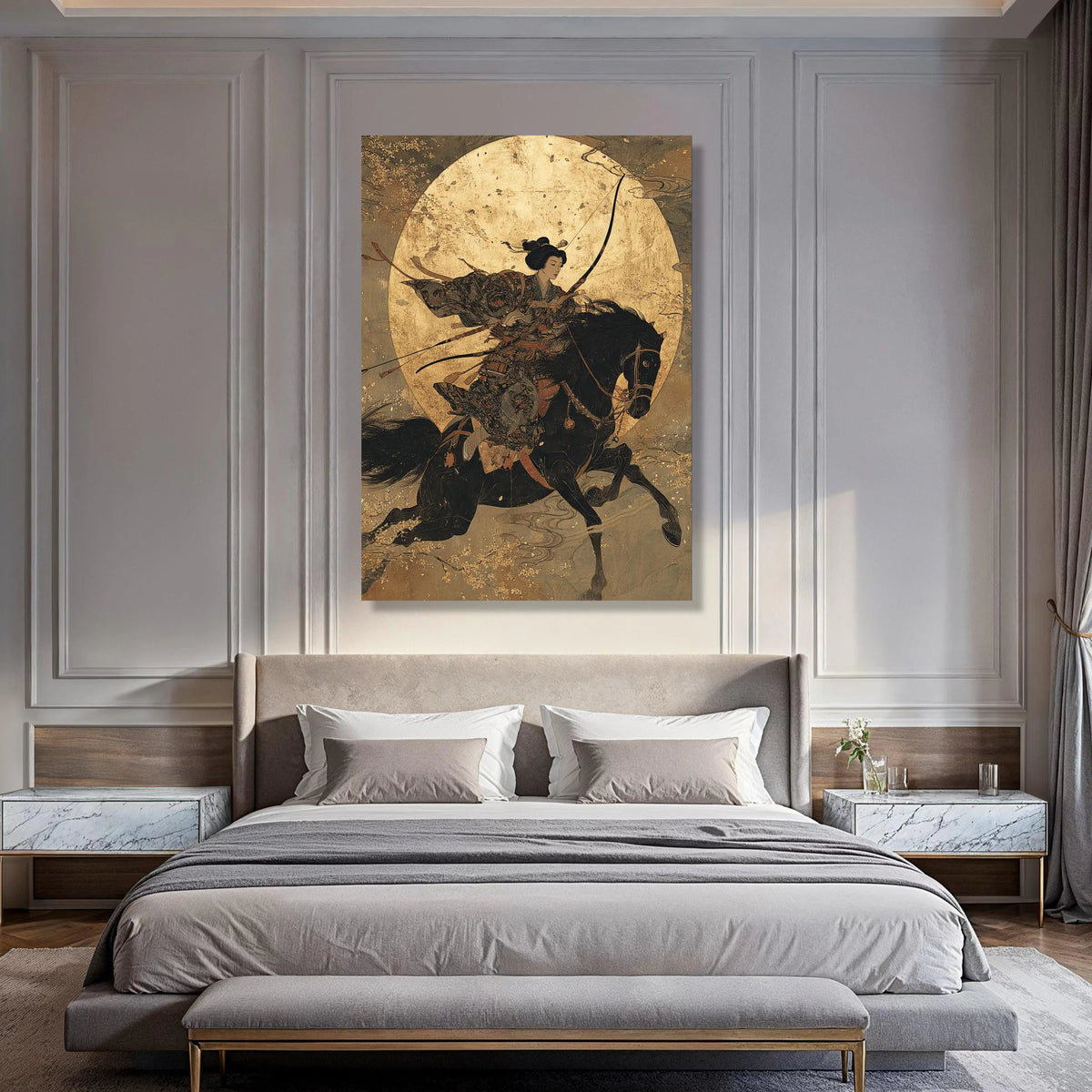 Japanese Warrior Woman on Horseback Canvas, Samurai Archer Wall Art, Traditional Asian Horseback Archery, Vintage Style Home Decor Print Art