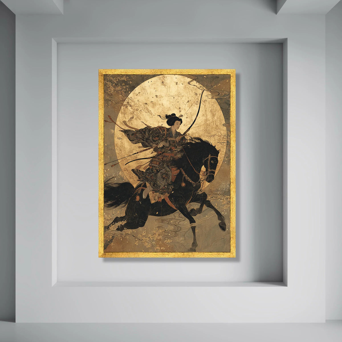 Japanese Warrior Woman on Horseback Canvas, Samurai Archer Wall Art, Traditional Asian Horseback Archery, Vintage Style Home Decor Print Art