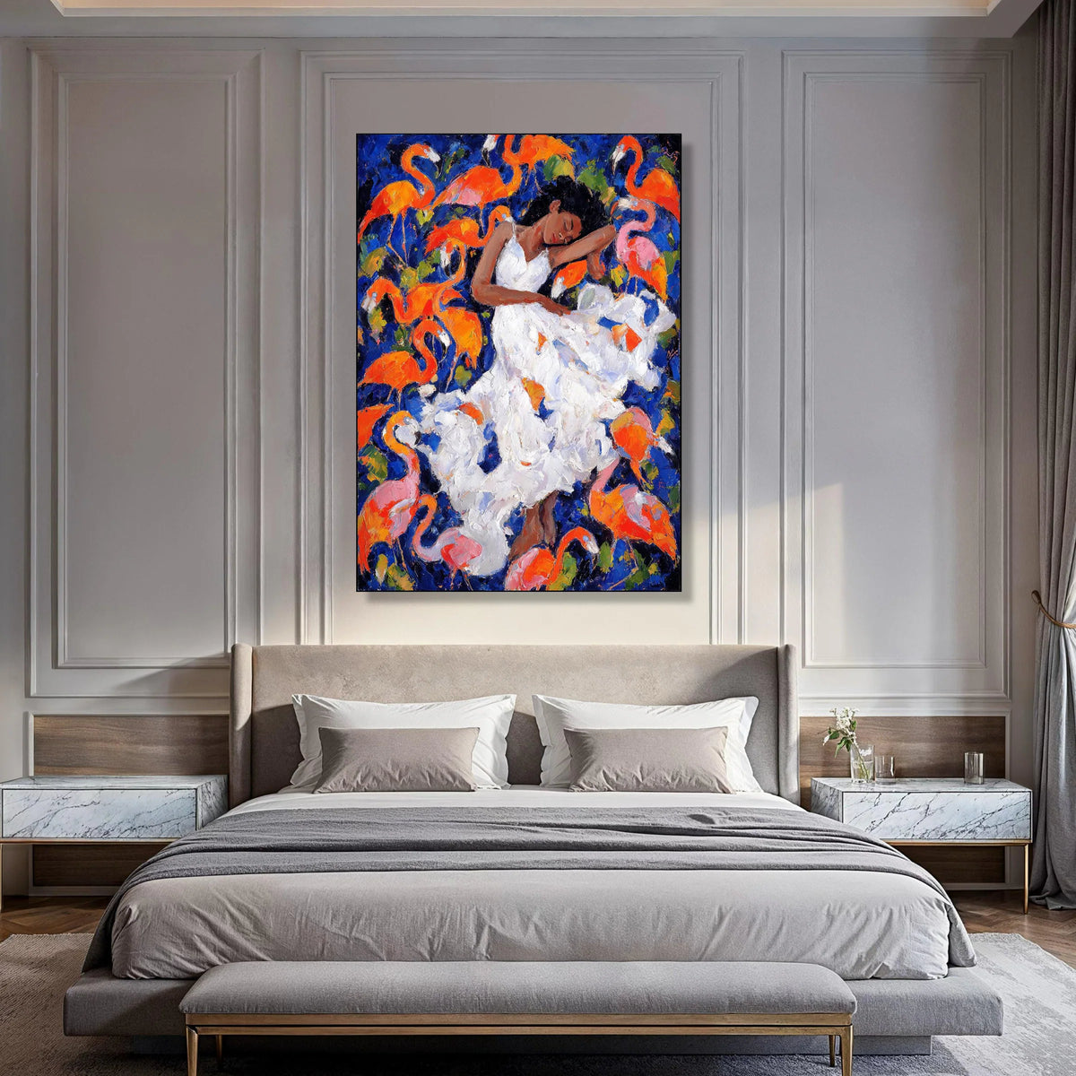 Dreamy Woman White Dress with Flamingos Canvas, Colorful Abstract Art, Tropical Bird Wall Decor, Relaxing Home Decoration, Vibrant Print Art