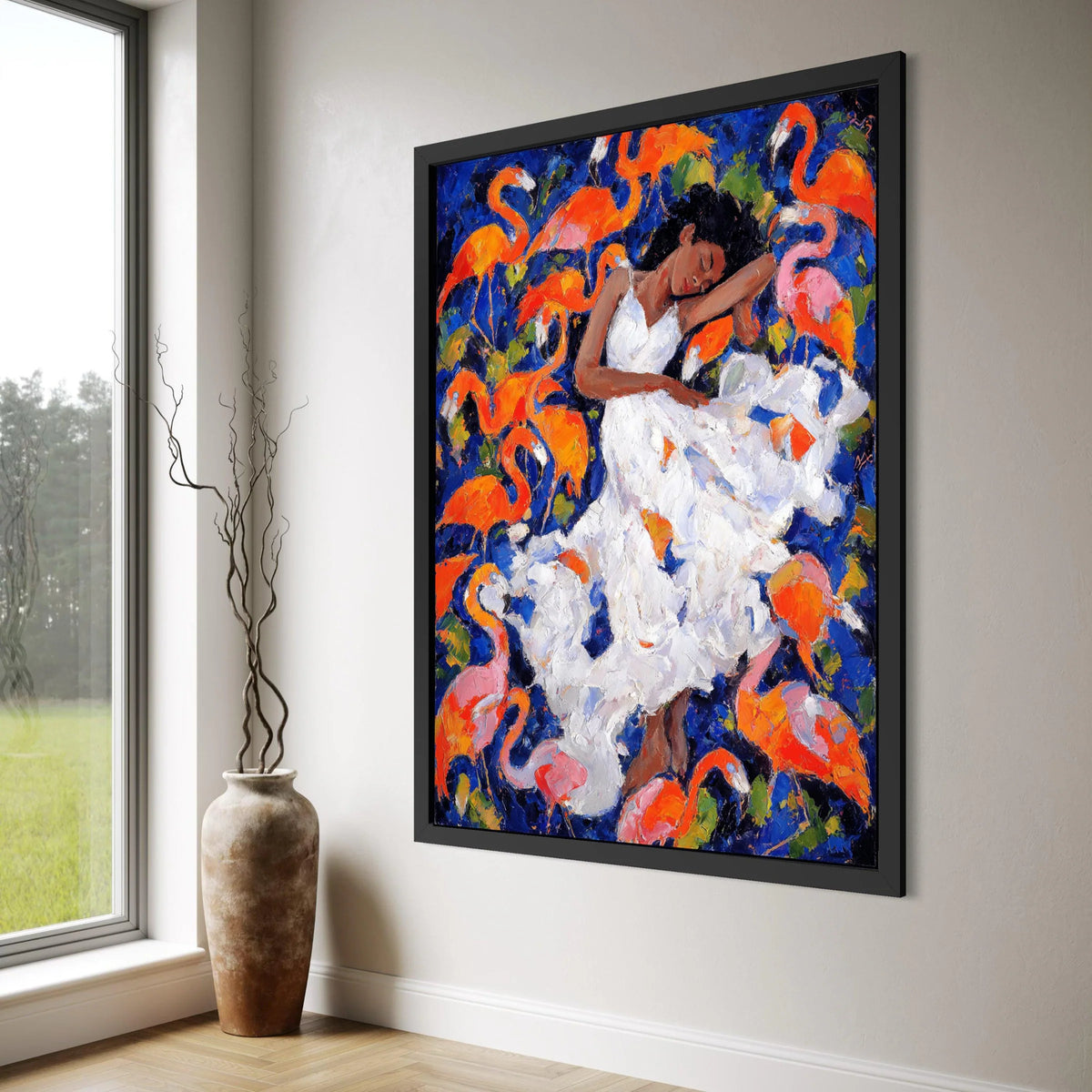 Dreamy Woman White Dress with Flamingos Canvas, Colorful Abstract Art, Tropical Bird Wall Decor, Relaxing Home Decoration, Vibrant Print Art