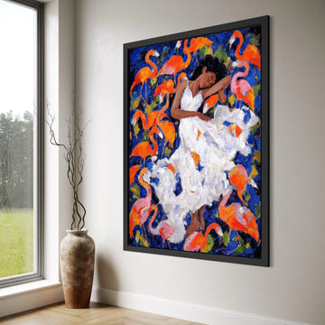 Dreamy Woman White Dress with Flamingos Canvas, Colorful Abstract Art, Tropical Bird Wall Decor, Relaxing Home Decoration, Vibrant Print Art