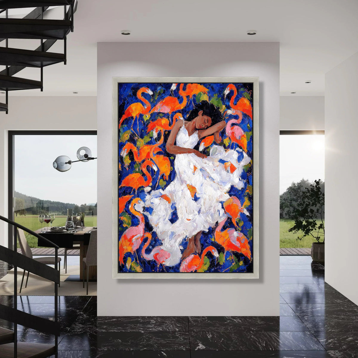 Dreamy Woman White Dress with Flamingos Canvas, Colorful Abstract Art, Tropical Bird Wall Decor, Relaxing Home Decoration, Vibrant Print Art