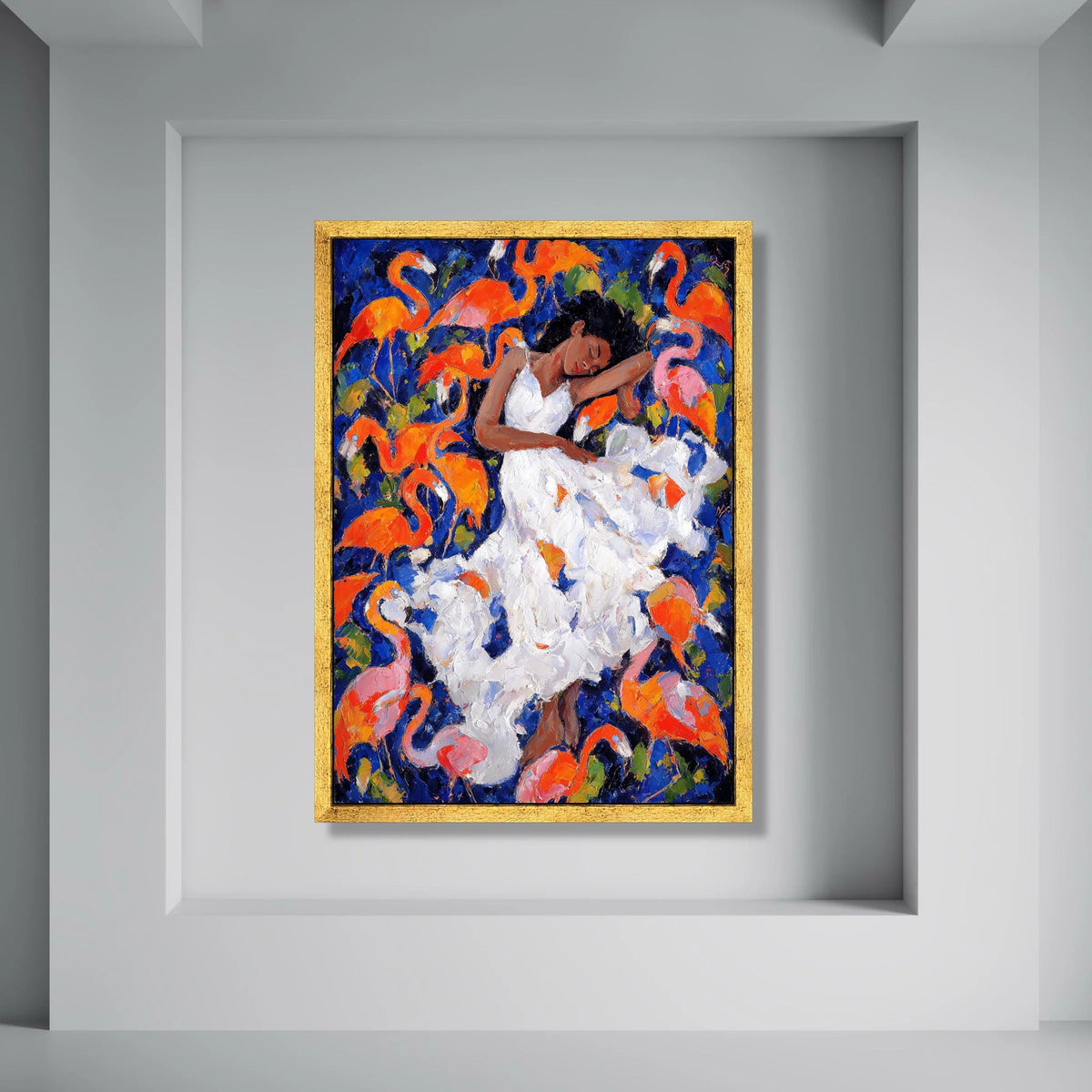 Dreamy Woman White Dress with Flamingos Canvas, Colorful Abstract Art, Tropical Bird Wall Decor, Relaxing Home Decoration, Vibrant Print Art