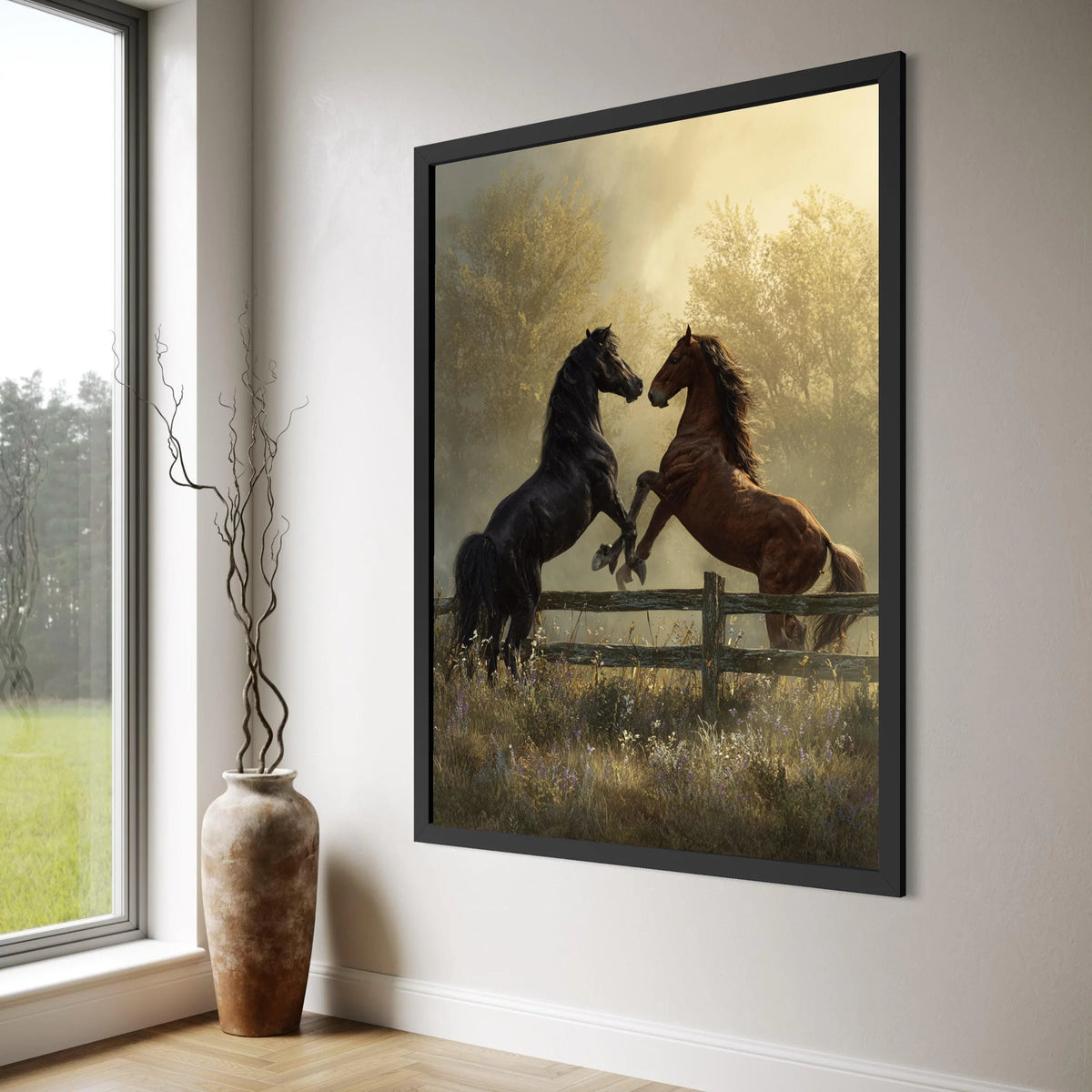 Majestic Horses Fighting Canvas, Rustic Fence Wall Art, Wild Animal Scene Canvas, Country Landscape Decor, Nature Canvas Print Print Art