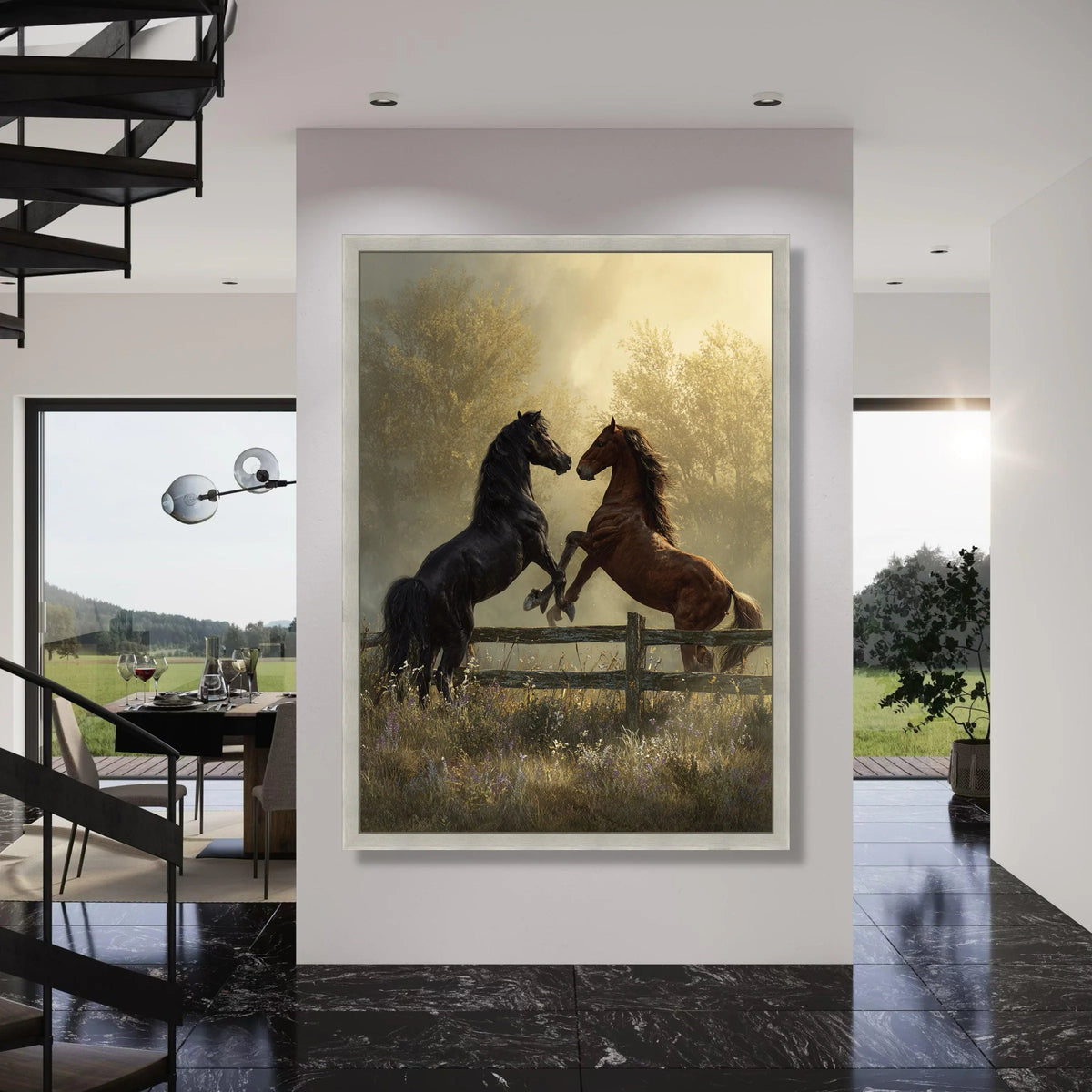 Majestic Horses Fighting Canvas, Rustic Fence Wall Art, Wild Animal Scene Canvas, Country Landscape Decor, Nature Canvas Print Print Art