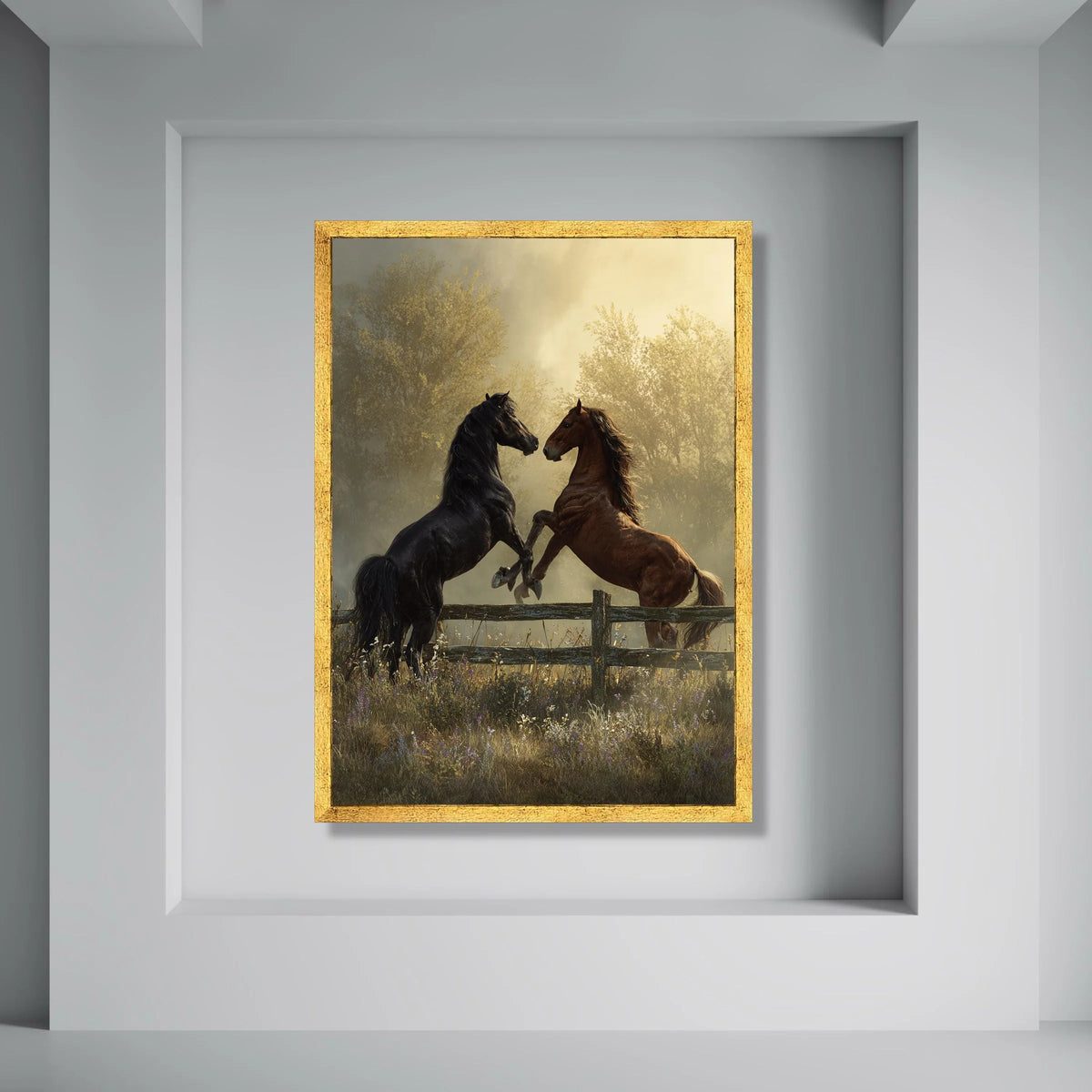 Majestic Horses Fighting Canvas, Rustic Fence Wall Art, Wild Animal Scene Canvas, Country Landscape Decor, Nature Canvas Print Print Art