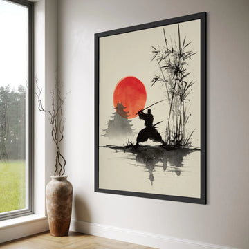 Samurai Silhouette with Sword Canvas, Red Sun Japanese Art, Bamboo Forest Wall Decor, Oriental Black Ink Style, Asian Culture Print Art