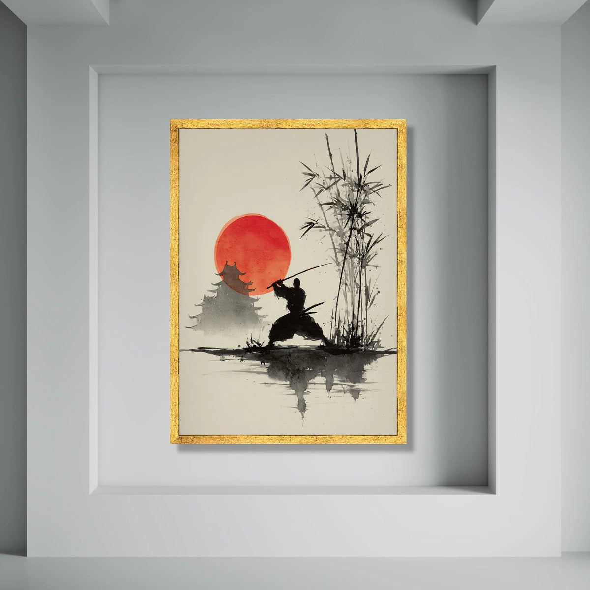 Samurai Silhouette with Sword Canvas, Red Sun Japanese Art, Bamboo Forest Wall Decor, Oriental Black Ink Style, Asian Culture Print Art