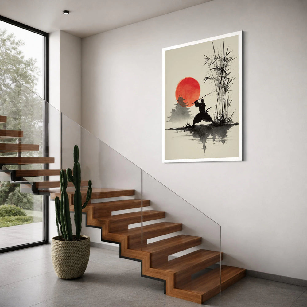 Samurai Silhouette with Sword Canvas, Red Sun Japanese Art, Bamboo Forest Wall Decor, Oriental Black Ink Style, Asian Culture Print Art
