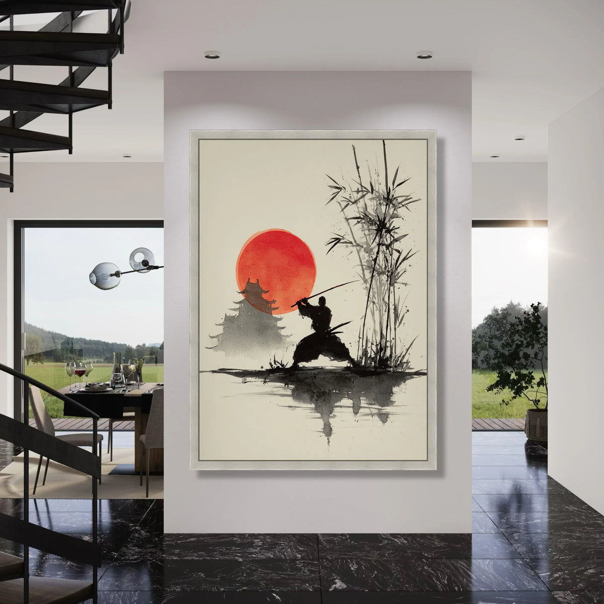 Samurai Silhouette with Sword Canvas, Red Sun Japanese Art, Bamboo Forest Wall Decor, Oriental Black Ink Style, Asian Culture Print Art
