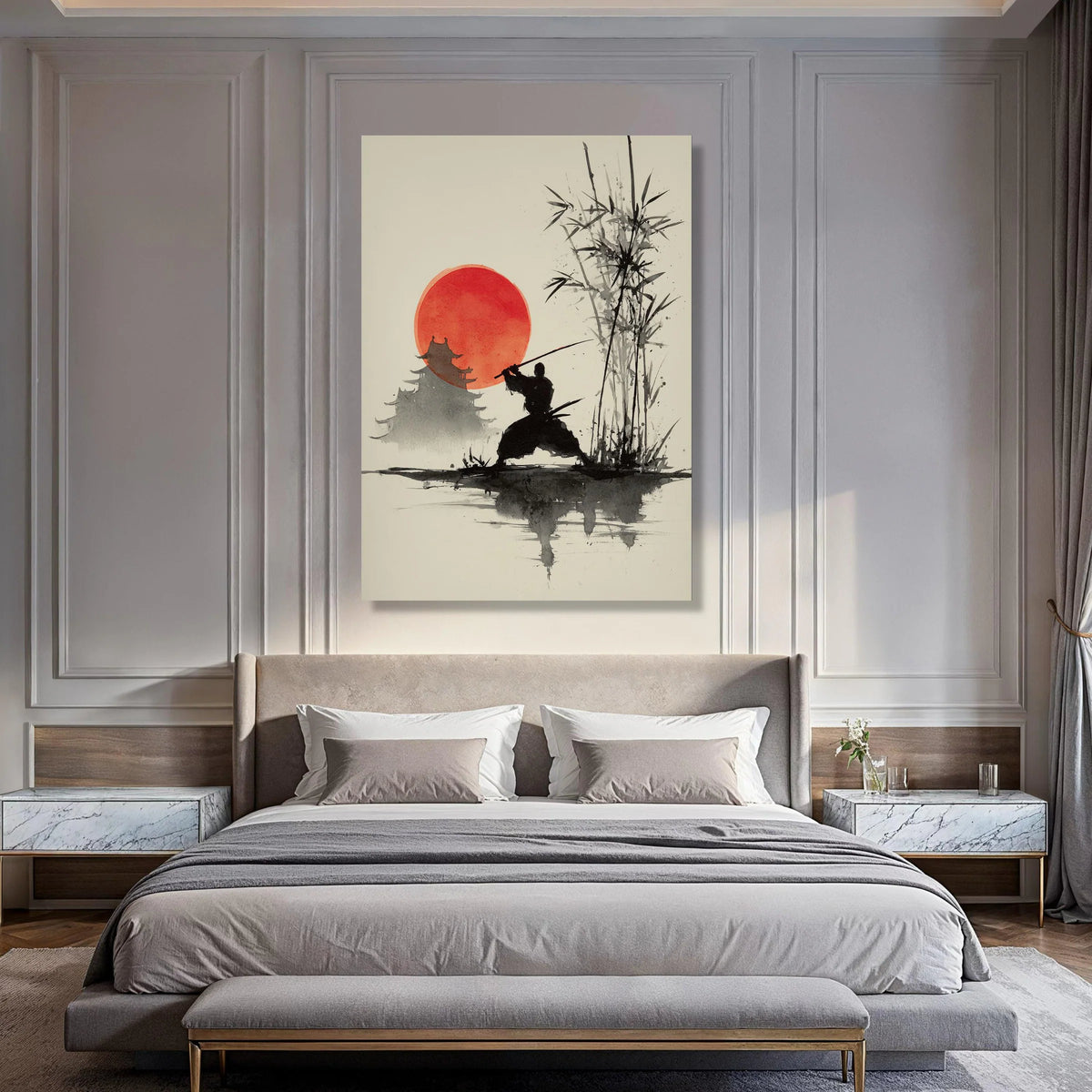 Samurai Silhouette with Sword Canvas, Red Sun Japanese Art, Bamboo Forest Wall Decor, Oriental Black Ink Style, Asian Culture Print Art