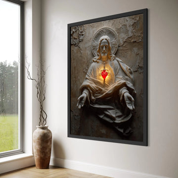 Sacred Heart Jesus Statue Canvas, Religious Wall Art, Spiritual Christian Decor, Prayer Room Canvas, Inspirational Home Decoration Print Art